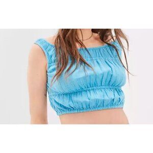 American Eagle Crop Tank Top Ruched Light Blue Sheer Cotton Pleated Crop Top S